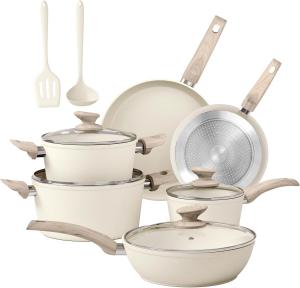 Набор кастрюль и сковородок DishDelight антипригарный для приготовления пищи, 12 шт, кремово-белый