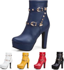 LOVEHEYNEW Женские ботильоны на высоком каблуке с заклепками, платформой и задней молнией, с модным ремешком, удобным круглым носком, для вечерних платьев