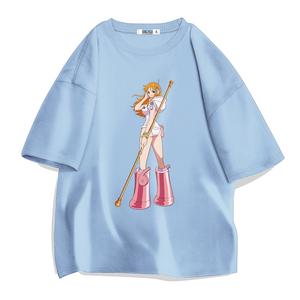 Студенческие повседневные футболки с коротким рукавом мужские однотонные базовые ONE PIECE, светло-голубой