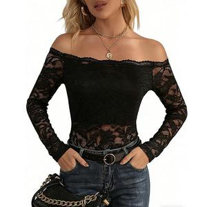 Женская блуза с длинными рукавами и кружевной отделкой Clearflower, Black