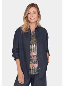 Короткий размер: Льняная блузка. Удобная женская деловая блузка темно-синего цвета. GOLDNER