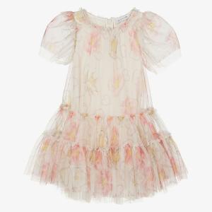 Белое платье с тюлем и цветочным принтом Monnalisa, белый