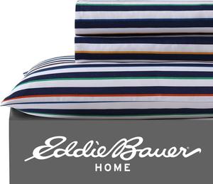 Комплект постельного белья Eddie Bauer Kids - Двуспальная кровать, устойчивое к пятнам, с подходящей(ими) наволочкой(ами), очень мягкий, идеально подходит для детской комнаты мальчика (полосатый, синий, двуспальная кровать), Stripes Game Blue