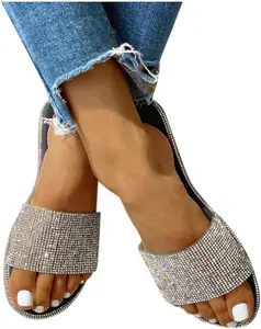 Женские сандалии ZBYY, плоские, летние, слипоны, блестящие, повседневные пляжные сандалии с открытым носком, блестящие шлепанцы, черный