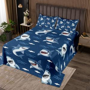 Erosebridal Детский комплект постельного белья Shark с мультяшными акулами и морской тематикой, Navy Blue