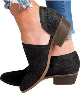 Женские ботильоны ZBYY на низком каблуке с вырезами, закрытым носком, перфорированные, с V-образным вырезом, в западном стиле, без шнуровки, короткие ботинки, Black