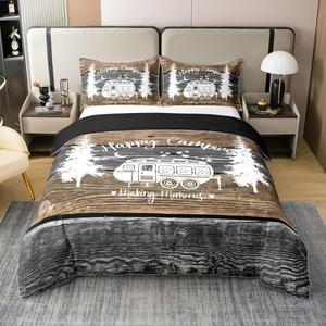 Erosebridal Комплект постельного белья Happy Camping Woodland Cabin из 100% хлопка в полоску ретро коричневый серый, Brown Grey