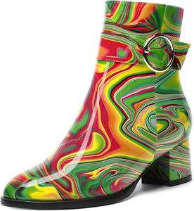 Женские ботильоны SKYSTERRY на молнии, модные, с лакированным носком, для улицы, с массивным низким каблуком, 2 дюйма, Green Red Fluid