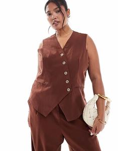 Льняной жилет Curve с асимметричным плетением на пуговицах спереди, шоколадного цвета Vero Moda Curve