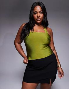 Топ-бюстгальтер с завязками-халтером ASOS DESIGN Curve оливкового цвета Asos Curve