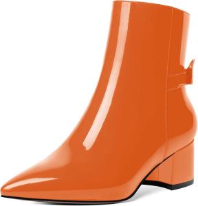 Женские ботильоны AMBELIGHT с молнией, с острым носком, повседневные, лакированные с бантом, на низком массивном каблуке, высотой до щиколотки, 5 см, Orange