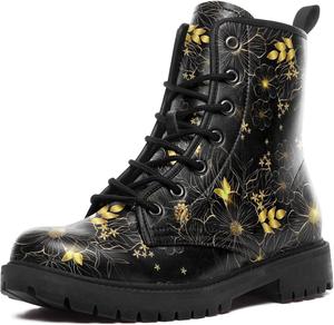 Женские небесные боевые ботинки - босоножки на щиколотку из веганской кожи «Солнце и Луна», модные готические бохо ботинки на шнуровке с массивной подошвой Coolcustomize, Black-Golden3