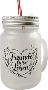 Стакан для питья с ручкой в банке Мейсона и каллиграфией на крышке. Друзья на всю жизнь. speecheese