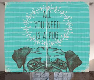 Штора ABAKUHAUS "Мопс в деревенском стиле", забавные надписи на животных, универсальные ленточные шторы для гостиной с петлями и крючками, 280 x 245 см, цвет: зелено-коричневый Abakuhaus