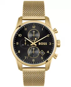 Мужские часы Skymaster с золотистым стальным браслетом 44 мм Hugo Boss