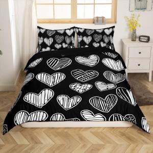 Erosebridal Комплект постельного белья Heart Full с геометрическим принтом в виде сердец, черный, Black