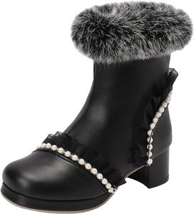 Женские ботильоны на устойчивом каблуке с застежкой-молнией, украшенные бисером и кружевом для создания различных зимних модных образов XIEPP, Black