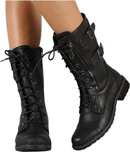 Женские боевые ботинки Hbeylia с боковыми карманами на молнии, модные повседневные кожаные, 10-шнурковые, средней высоты, с противоскользящей платформой, клиновидным низким каблуком, короткие мотоциклетные ботинки для женщин, зимняя обувь, Black