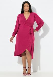 Платье Ulla Popken MIDI-WICKEL BINDEGÜRTEL V-AUSSCHNITT BALLON-LANGARM, Raspberry/Berry