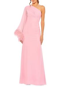 Платье на одно плечо с перьями и сборками Mac Duggal, цвет Rose