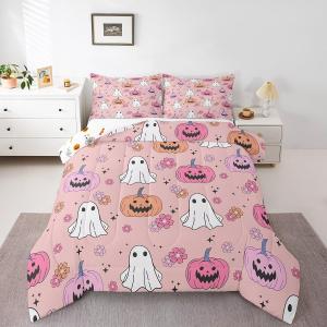 Erosebridal Комплект постельного белья Happy Halloween с принтом белых привидений, тыкв и цветов в ретро-стиле, Pink Purple