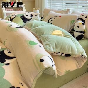 Yalu Комплект постельного белья из 4 предметов (простыня на резинке 180 см, пододеяльник 200х230 см), вельвет, цвет Qingxin Set - See Panda, флисовая подкладка