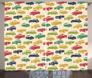 Шторы для спальни ABAKUHAUS Rustic Car, с закругленным краем, с рисунком автомобиля, со сборками, петлями и крючками, 280 x 225 см, цвет: папоротниковый, темно-синий, красный Abakuhaus