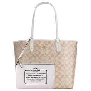 Сумка-шоппер из холста с кожаными деталями, комбинированная сумка, дамская сумка, сумка через плечо Tubas бело-песочная с монограммой COACH