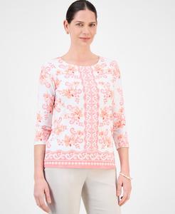 Женская жаккардовая блузка с рукавами 3/4 и круглым вырезом JM Collection, Peach Flower Combo