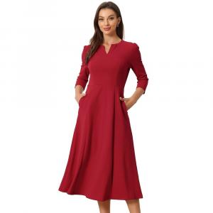 Женское офисное элегантное платье трапециевидной формы с рукавами 3/4 и V-образным вырезом ALLEGRA K, красный
