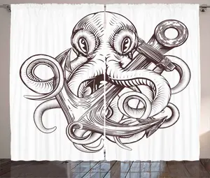 Штора ABAKUHAUS Anchor Rustic с рисунком татуировки осьминога, присборенная ленточная штора для спальни с петлями и крючками, 280 x 245 см, коричнево-белая Abakuhaus