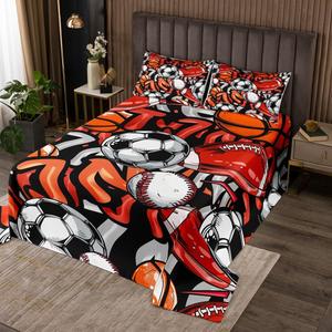 Erosebridal Комплект постельного белья Graffiti Sports для мальчиков с футбольным и баскетбольным принтом, Orange Red