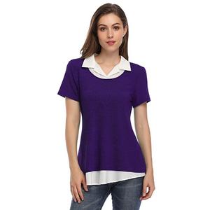 Женская блуза с коротким рукавом и контрастным воротником в стиле пэчворк Clearflower, Purple