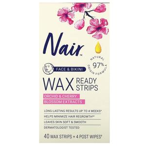 Экстракты орхидеи и вишни Nair Wax Ready Strips для лица и бикини, 40 восковых полосок + 4 салфетки после поста