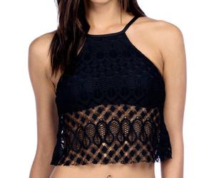 Укороченный бикини-топ с высоким воротом, связанный крючком, черного цвета Kenneth Cole