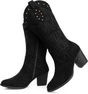 Женские ковбойские сапоги SHIBEVER: широкий голенище, западный стиль, заостренный носок, массивный каблук, замша с вышивкой, сапоги средней длины, Black