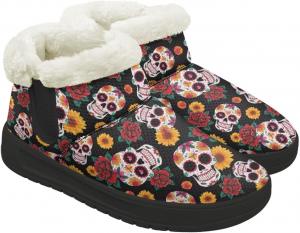 Женские зимние ботинки с меховой подкладкой, короткие зимние ботинки для женщин для холодной погоды Fuojuvelie, Halloween Skull Floral