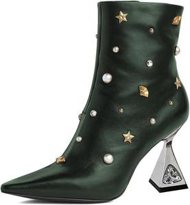 Женские стильные ботильоны XYD с заклепками, заостренным носком и внутренней молнией, с кристальным каблуком-шпулей, короткие ботинки для вечеринок и мероприятий, Dark Green