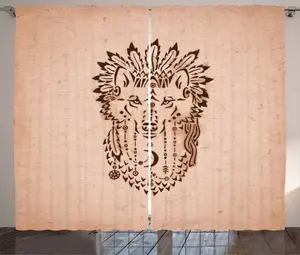 Штора ABAKUHAUS Волк в деревенском стиле, этническое животное в шляпке, универсальные ленточные шторы для гостиной с петлями и крючками, 280 x 225 см, цвет: коричнево-персиковый Abakuhaus