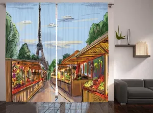 Штора ABAKUHAUS Paris Rustic, красочный эскиз улицы Эйфелева, универсальная ленточная штора для гостиной с петлями и крючками, 280 x 225 см, янтарный и синий Abakuhaus