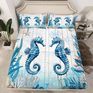 Erosebridal Комплект постельного белья Seahorse Vintage Ocean с тропическим принтом морских животных в синих тонах, Multi 08