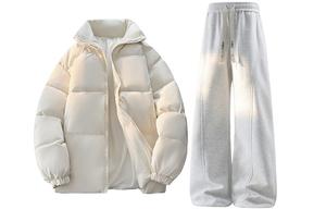 Повседневный спортивный костюм Unisex с лацканами, утолщенный X1617, бежевый cotton jacket+белый heather серый pants