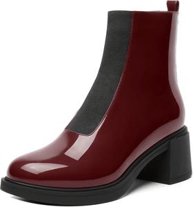 Женские ботинки MERRORI до щиколотки Челси с эластичной вставкой, округлым носком, повседневные, лаковые, на среднем каблуке 2,5 дюйма, Black Burgundy