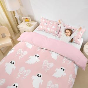 Erosebridal Комплект постельного белья Happy Halloween с милыми призраками и розово-белыми бантами, Pink