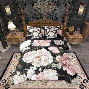 Erosebridal Комплект постельного белья Peony Floral с цветочным принтом и изображением садовых животных, Pink White Black