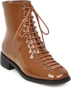 Женские ботильоны VOKLIN с квадратным носком в западном стиле, лаковая кожа, шнуровка, молния, плоский низкий каблук, короткие ботинки, Tan Brown-Velvet Lined