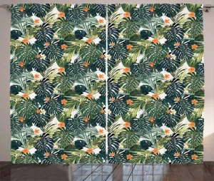 Шторы ABAKUHAUS Green Rustic, Гавайская тропическая флора, универсальные ленточные шторы для гостиной с петлями и крючками, 280 x 245 см, цвет: темно-зеленый, сине-оранжевый Abakuhaus