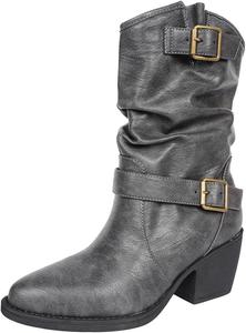 Generic Западные ковбойские сапоги для женщин - прочные сапоги с высоким каблуком и закрытой щиколоткой, стиль мотоциклиста, классический круглый носок, модные западные сапоги (черные/темно-коричневые/серые)