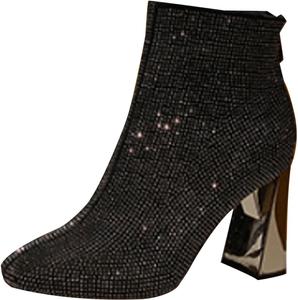 Женские ботильоны на массивном каблуке с острым носком, боковой молнией, полностью усыпанные стразами, блестящие свадебные ботинки для невесты Generic, Black