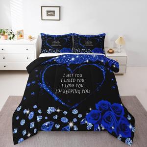 Erosebridal Комплект постельного белья Boys Navy Valentine's Day с романтичными надписями, цветочным принтом и стразами в виде сердец, Navy and Black